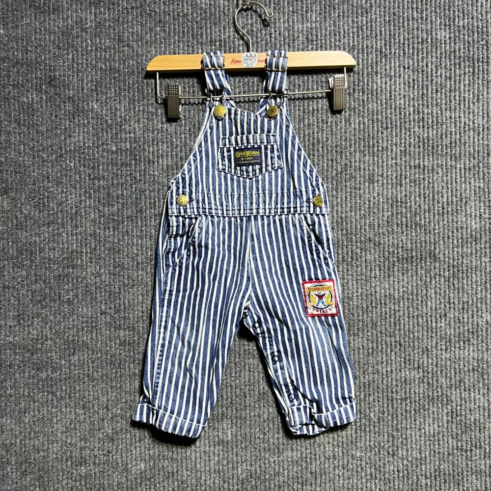 Vintage OshKosh Bgosh Overalls Kids 6/9 MO Blue Hickory Stripe Denim USA Made